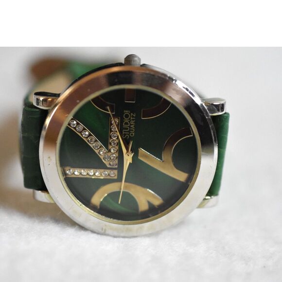 Studio Quartz Green On Green Rhinestone Accent Silver/Gold Tone Working Watch - Picture 3 of 4